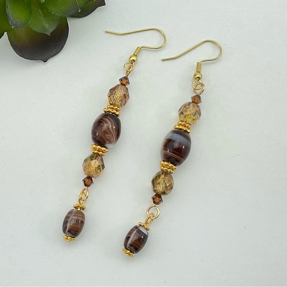 Art Glass Dangle Earrings, Handmade, Vintage Brown Swirl Beads, Crystals, BoHo - Picture 8 of 10